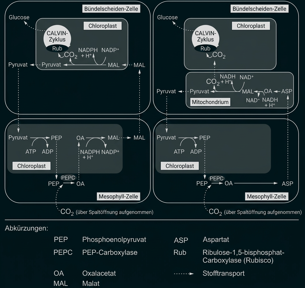 Schematische Darstellung zweier C4-Photosynthesewege mit Stofftransport zwischen Mesophyll- und Bündelscheidenzellen.